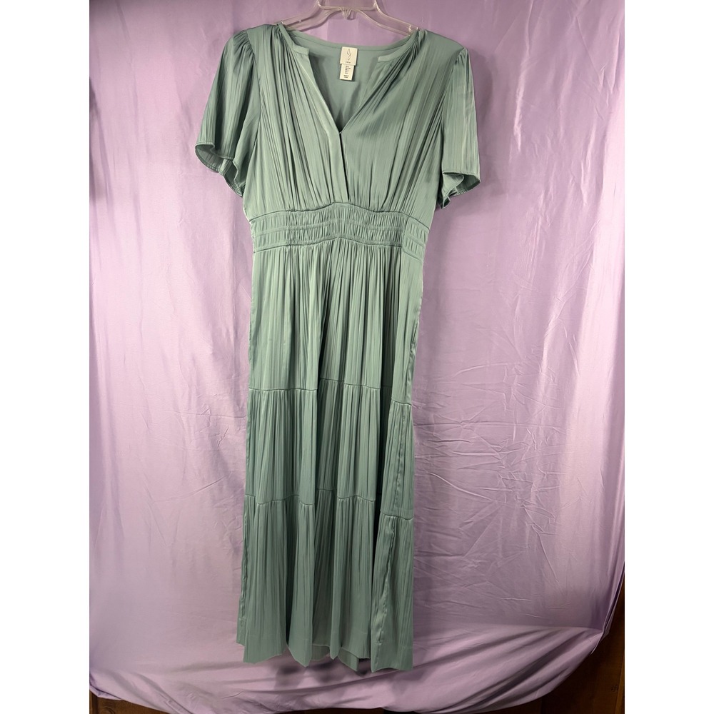 Joie Sage Green Pleated Maxi Dress V-Neck Smocked Waist Tiered Skirt Size L